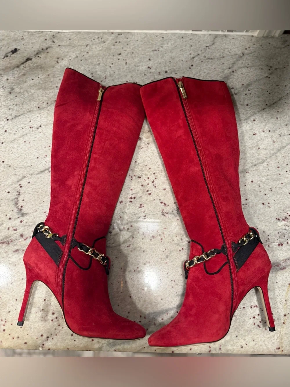 Karl Lagerfeld Maryam Red Suede Knee High Boots with Chain Trim